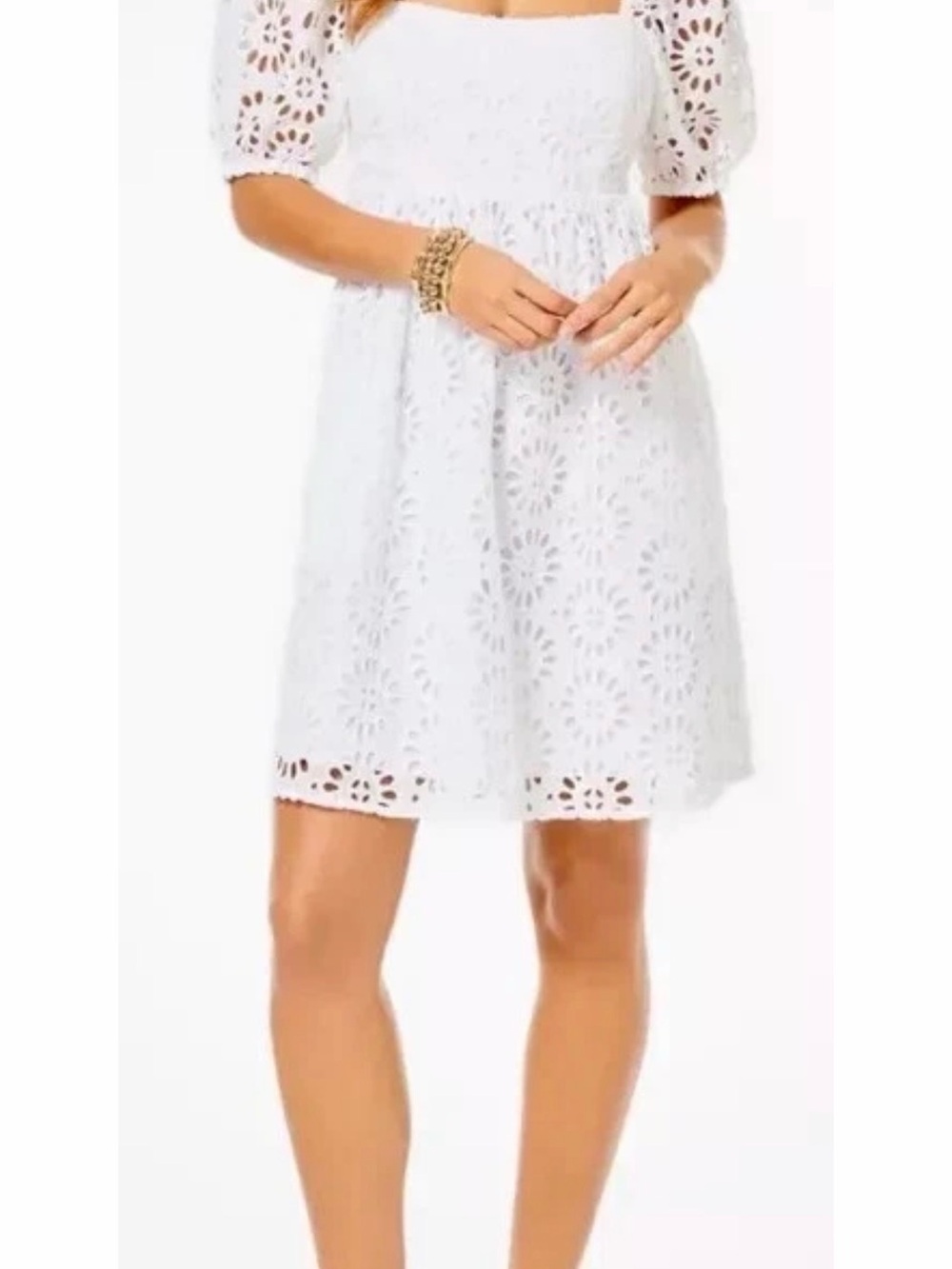 Lilly Pulitzer White Eyelet Puff-Sleeve Square-Neck Mini Dress summer dress